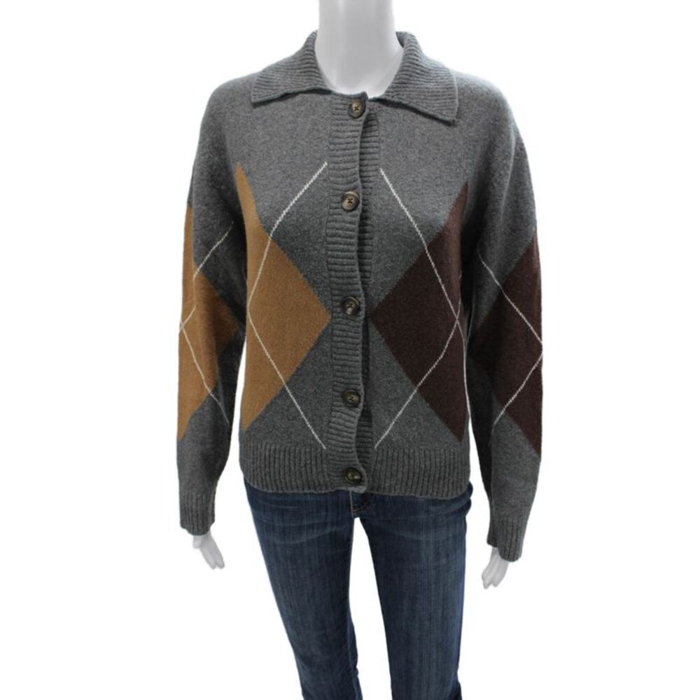 Central Park West Women Multicolor Argyle Collared Long Sleeve Cardigan Size S